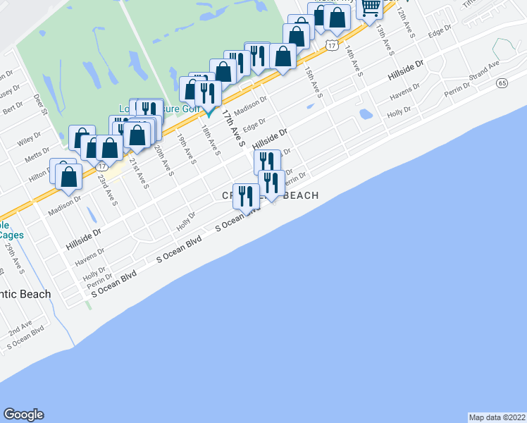 map of restaurants, bars, coffee shops, grocery stores, and more near 1710 South Ocean Boulevard in North Myrtle Beach