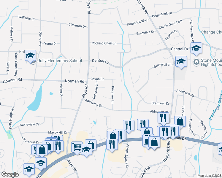 map of restaurants, bars, coffee shops, grocery stores, and more near 980 Bingham Lane in Stone Mountain