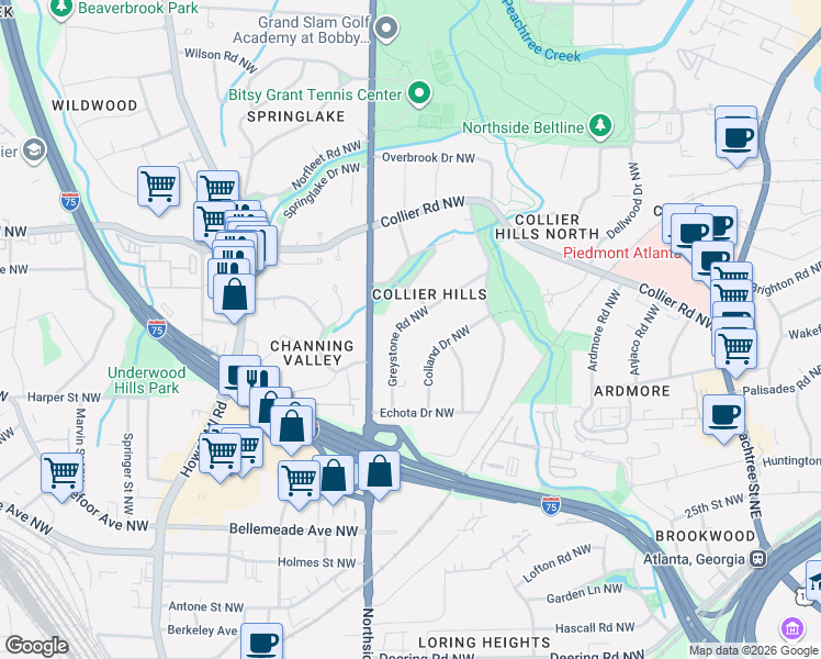 map of restaurants, bars, coffee shops, grocery stores, and more near 1883 Greystone Road Northwest in Atlanta