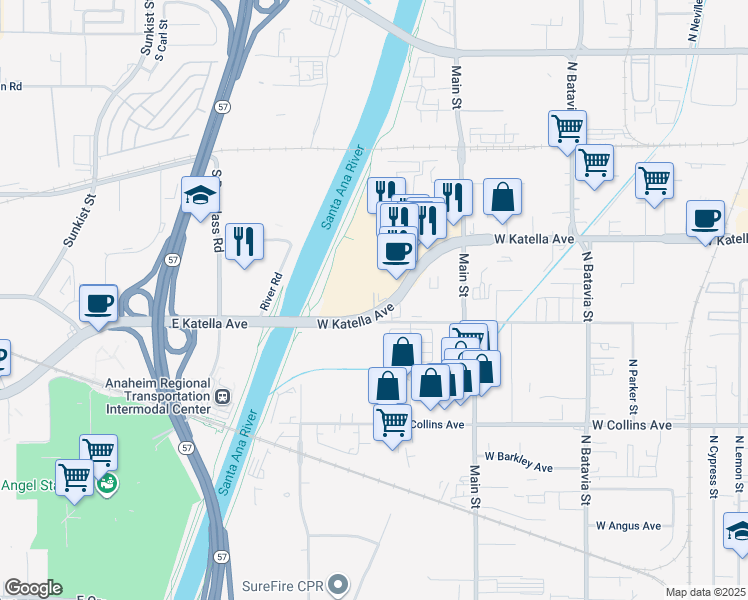 map of restaurants, bars, coffee shops, grocery stores, and more near 1725 West Katella Avenue in Orange