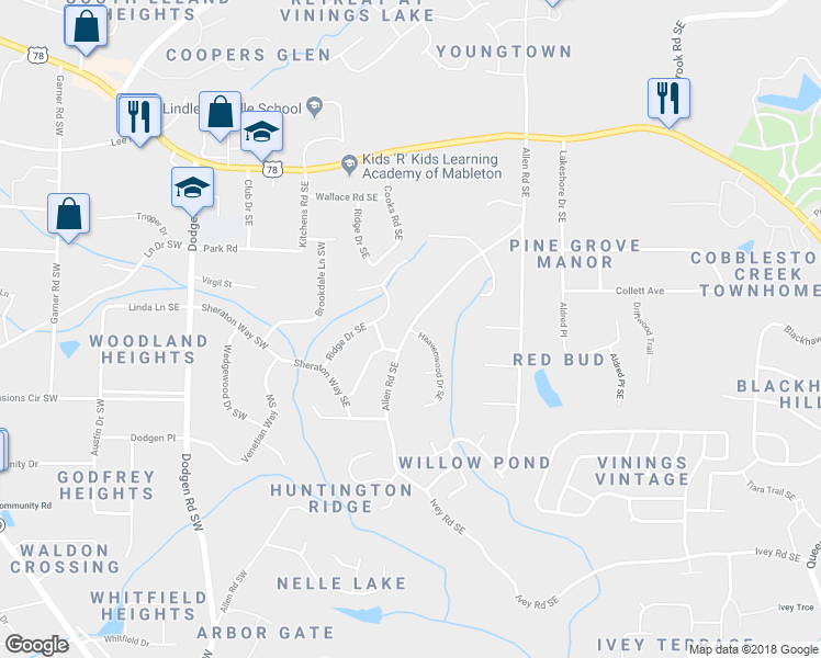 map of restaurants, bars, coffee shops, grocery stores, and more near 6021 Allen Road Southeast in Mableton