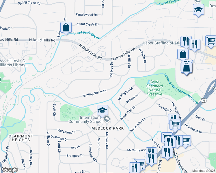 map of restaurants, bars, coffee shops, grocery stores, and more near 2450 Hunting Valley Drive in Decatur