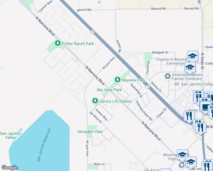 map of restaurants, bars, coffee shops, grocery stores, and more near 1545 North Ramona Boulevard in San Jacinto