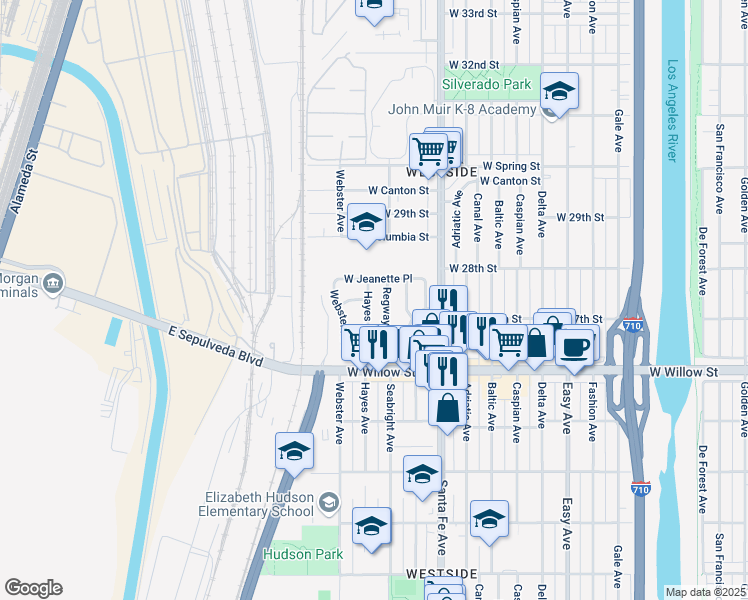 map of restaurants, bars, coffee shops, grocery stores, and more near 2730 Hayes Avenue in Long Beach