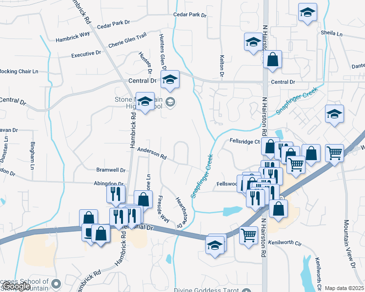 map of restaurants, bars, coffee shops, grocery stores, and more near 1009 Vineyard Circle in Stone Mountain