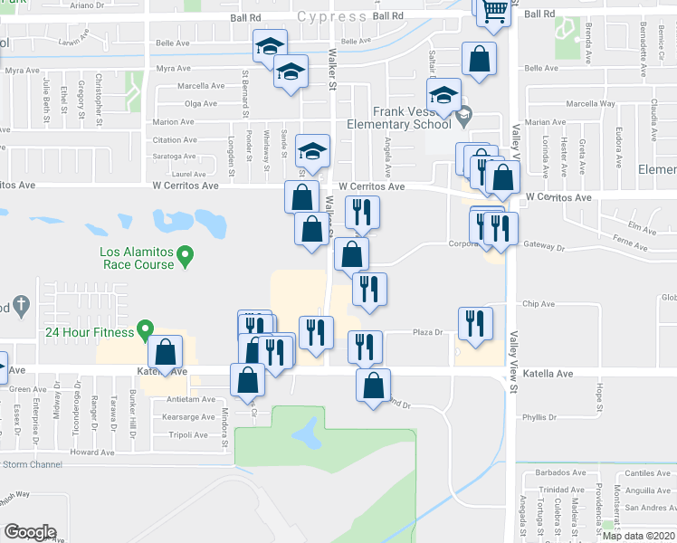map of restaurants, bars, coffee shops, grocery stores, and more near 10742 Walker Street in Cypress