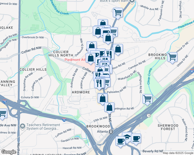 map of restaurants, bars, coffee shops, grocery stores, and more near 2 Collier Road Northwest in Atlanta