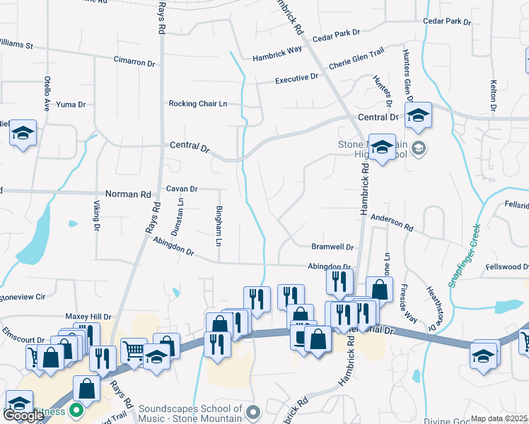 map of restaurants, bars, coffee shops, grocery stores, and more near 4331 Bramwell Drive in Stone Mountain