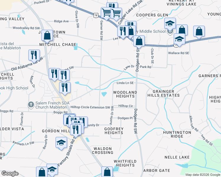 map of restaurants, bars, coffee shops, grocery stores, and more near 6030 Austin Drive Southwest in Mableton