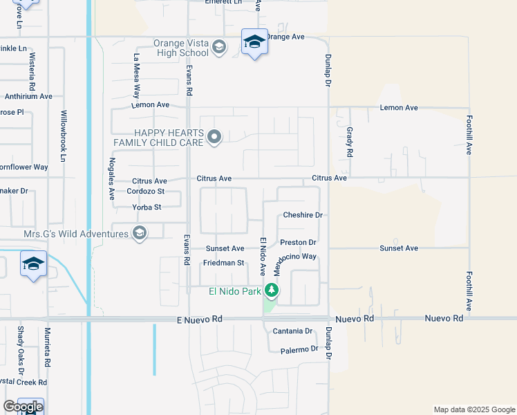map of restaurants, bars, coffee shops, grocery stores, and more near 1910 El Nido Avenue in Perris