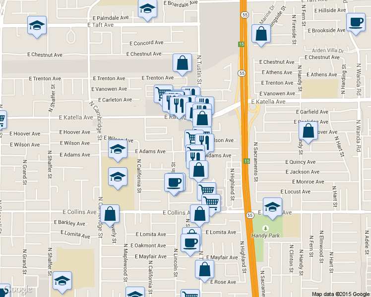 map of restaurants, bars, coffee shops, grocery stores, and more near 1151 North Shattuck Street in Orange