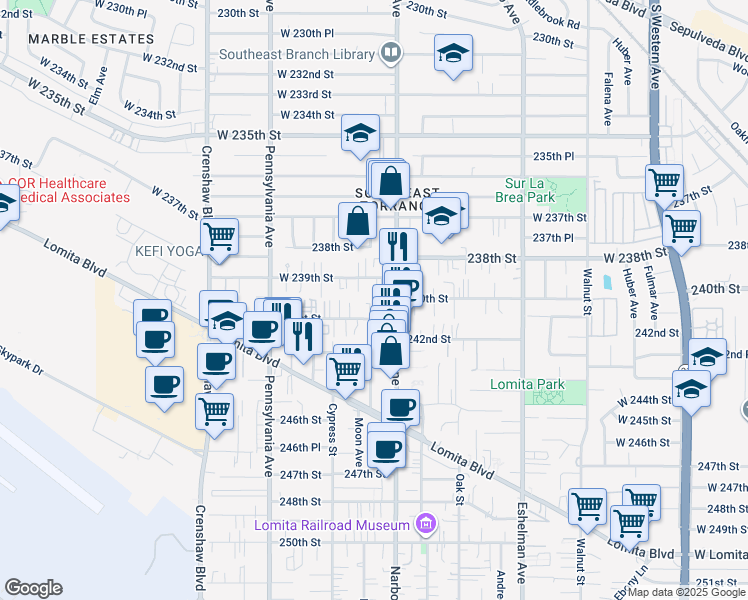 map of restaurants, bars, coffee shops, grocery stores, and more near 2248 West 239th Street in Torrance