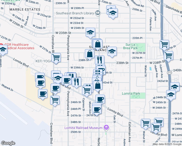 map of restaurants, bars, coffee shops, grocery stores, and more near 2248 West 239th Street in Torrance