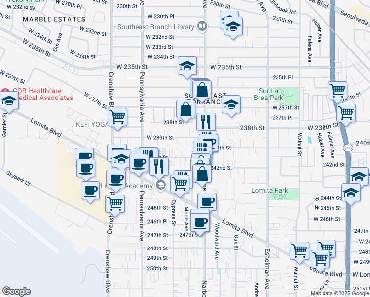 map of restaurants, bars, coffee shops, grocery stores, and more near 2248 West 239th Street in Torrance