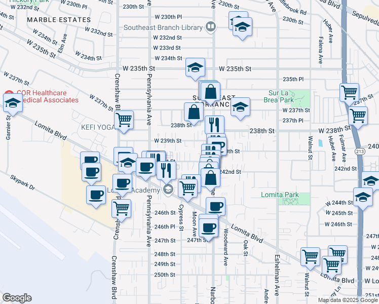 map of restaurants, bars, coffee shops, grocery stores, and more near 2248 West 239th Street in Torrance