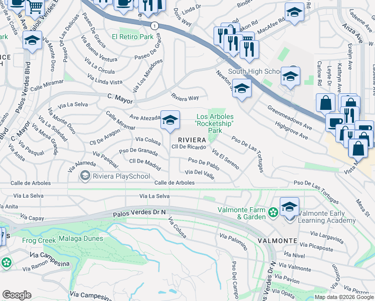 map of restaurants, bars, coffee shops, grocery stores, and more near in Torrance