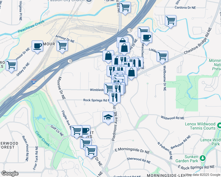 map of restaurants, bars, coffee shops, grocery stores, and more near 588 Wimbledon Road Northeast in Atlanta