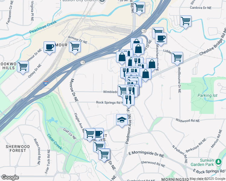 map of restaurants, bars, coffee shops, grocery stores, and more near 554 Wimbledon Road Northeast in Atlanta