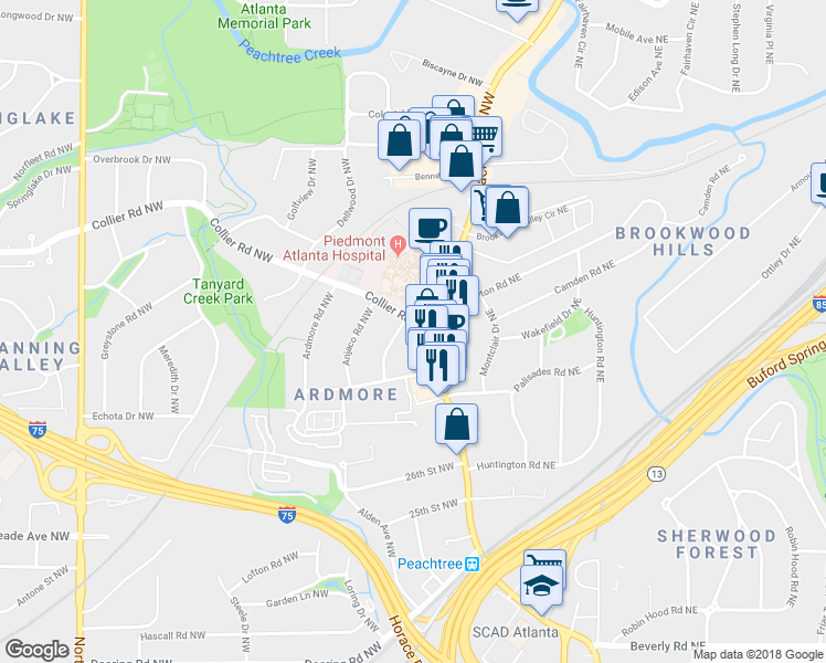 map of restaurants, bars, coffee shops, grocery stores, and more near in Atlanta