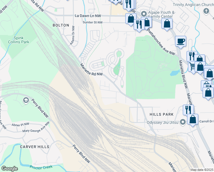 map of restaurants, bars, coffee shops, grocery stores, and more near 1888 Mallard Street Northwest in Atlanta