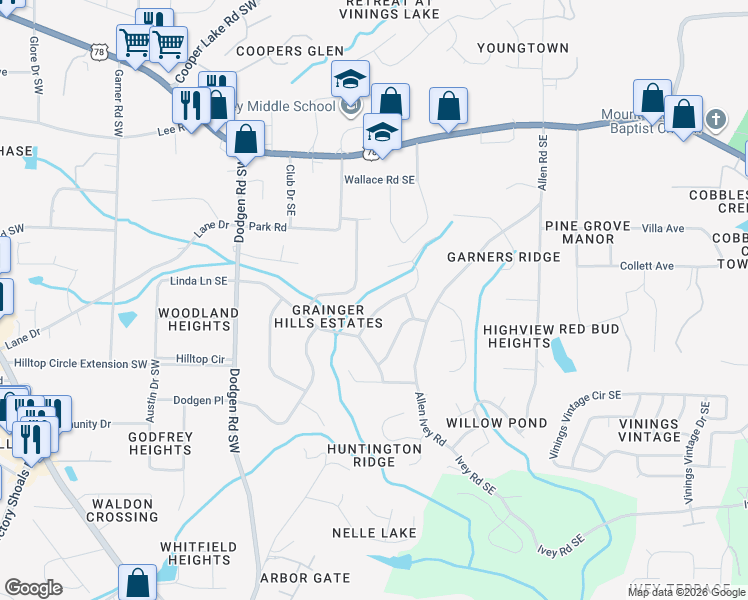 map of restaurants, bars, coffee shops, grocery stores, and more near 6019 Brookdale Lane Southwest in Mableton