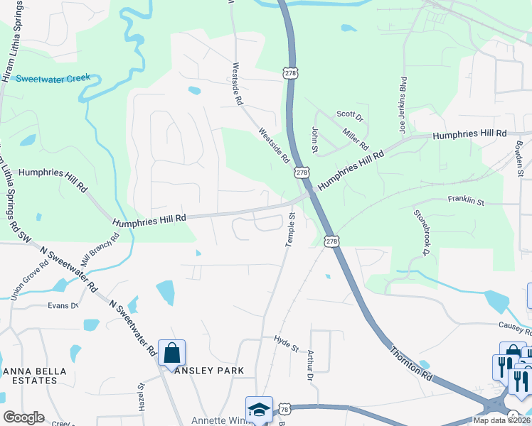 map of restaurants, bars, coffee shops, grocery stores, and more near 2220 Bonny Glen Circle in Austell