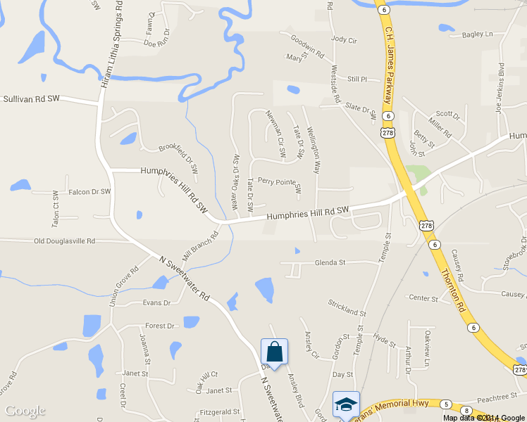map of restaurants, bars, coffee shops, grocery stores, and more near 3705 Tate Place Southwest in Austell