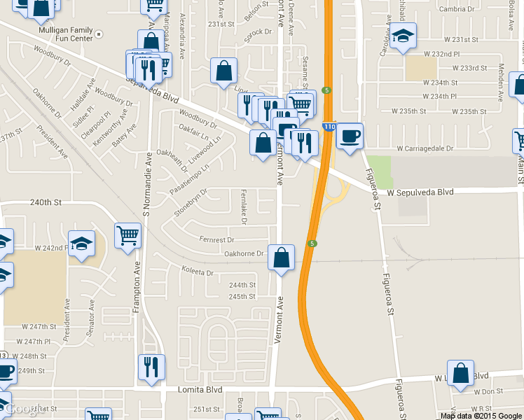 map of restaurants, bars, coffee shops, grocery stores, and more near 24014 Fernmead Lane in West Carson