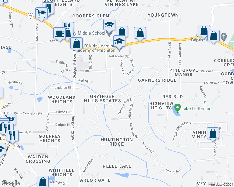 map of restaurants, bars, coffee shops, grocery stores, and more near 6019 Brookdale Lane Southwest in Mableton