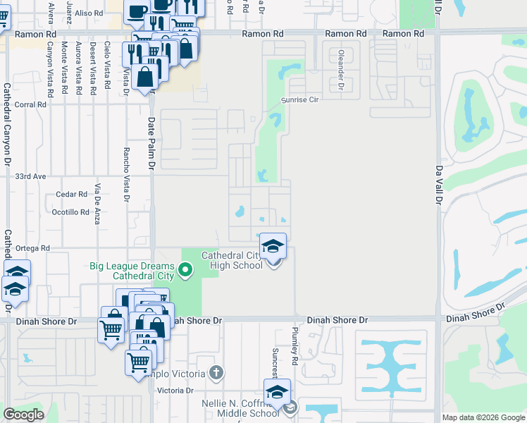 map of restaurants, bars, coffee shops, grocery stores, and more near 69411 Ramon Road in Cathedral City