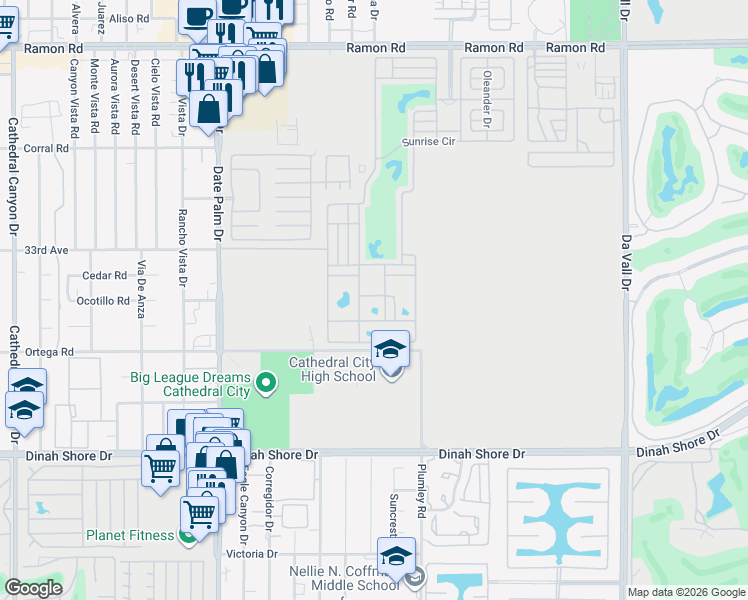map of restaurants, bars, coffee shops, grocery stores, and more near Myrtle Drive in Cathedral City