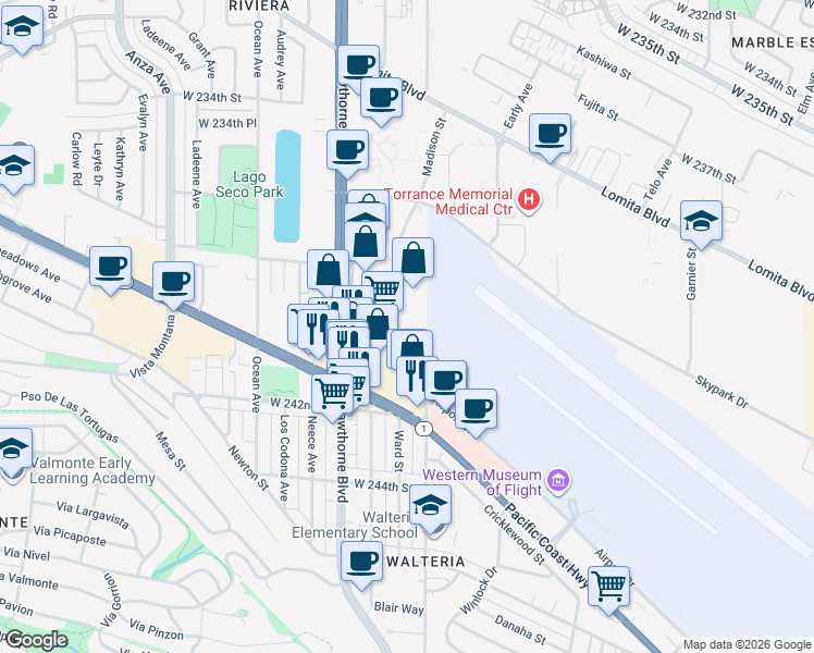 map of restaurants, bars, coffee shops, grocery stores, and more near 23950 Madison St in Torrance