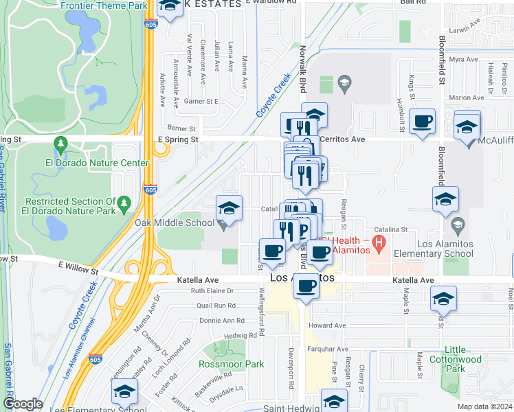 map of restaurants, bars, coffee shops, grocery stores, and more near 10723 Walnut Street in Los Alamitos