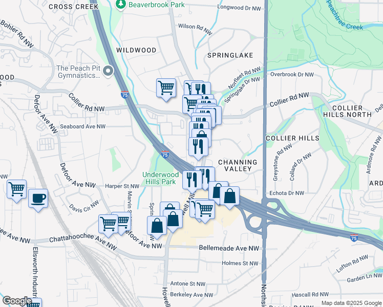 map of restaurants, bars, coffee shops, grocery stores, and more near 12 Beck Street Northwest in Atlanta