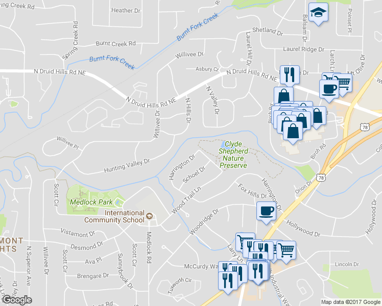 map of restaurants, bars, coffee shops, grocery stores, and more near 2371 Harrington Drive in Decatur