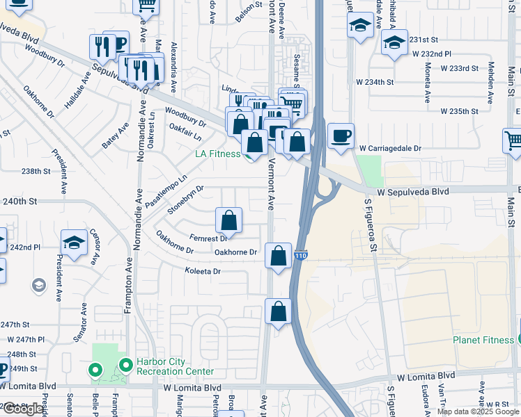 map of restaurants, bars, coffee shops, grocery stores, and more near 24014 Fernmead Lane in West Carson