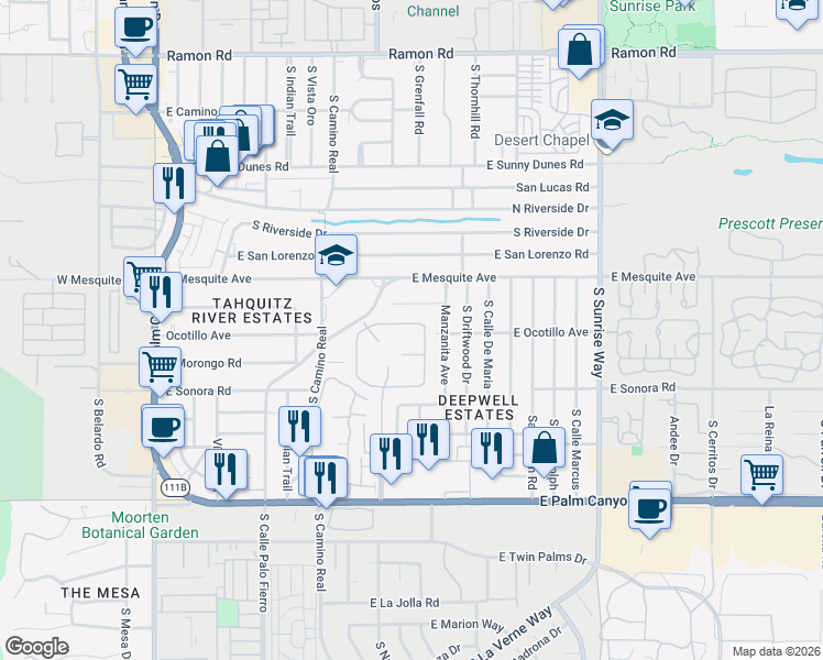 map of restaurants, bars, coffee shops, grocery stores, and more near 1241 Primavera Drive North in Palm Springs