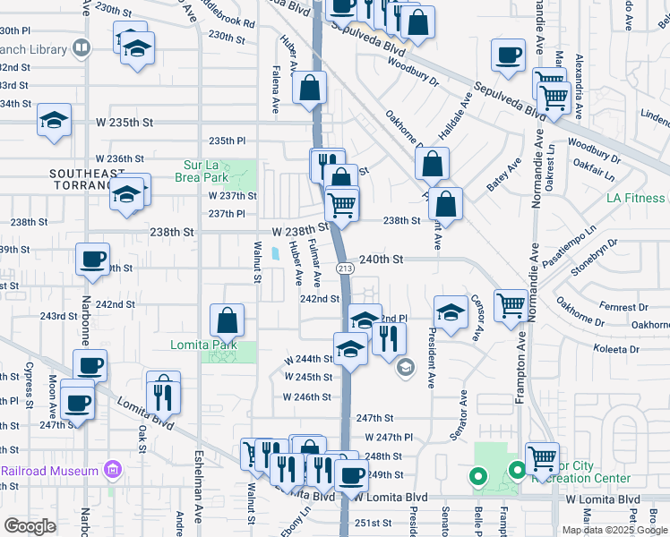 map of restaurants, bars, coffee shops, grocery stores, and more near 1706 240th Street in Lomita