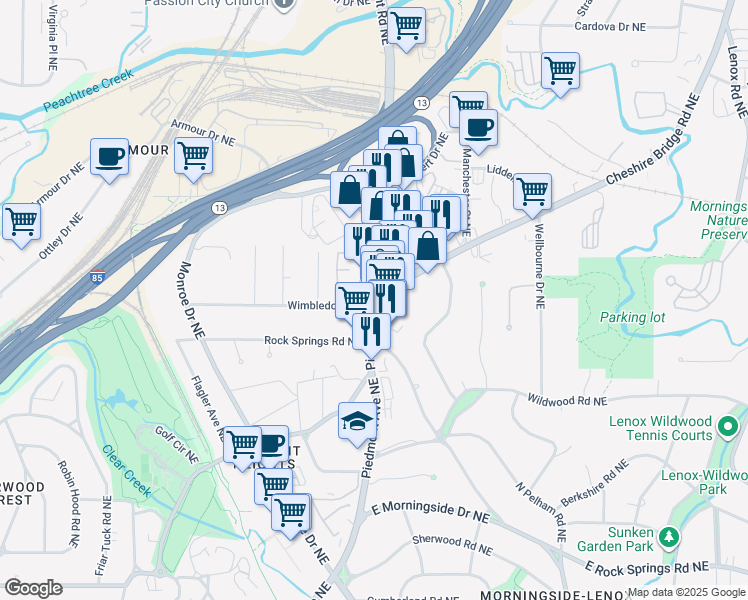 map of restaurants, bars, coffee shops, grocery stores, and more near 588 Wimbledon Road Northeast in Atlanta