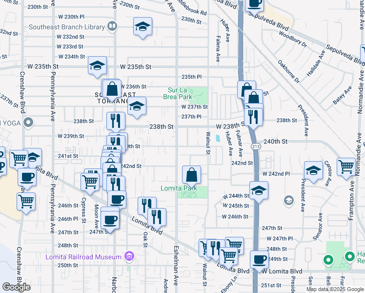 map of restaurants, bars, coffee shops, grocery stores, and more near 240th St in Lomita