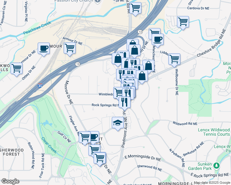 map of restaurants, bars, coffee shops, grocery stores, and more near 564 Wimbledon Road Northeast in Atlanta
