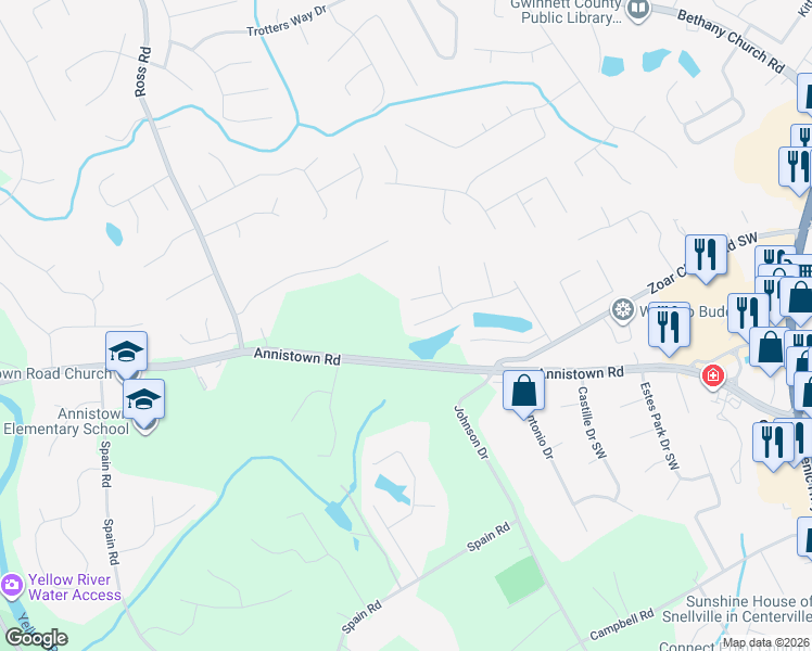 map of restaurants, bars, coffee shops, grocery stores, and more near 4337 Meadow Wind Drive Southwest in Snellville