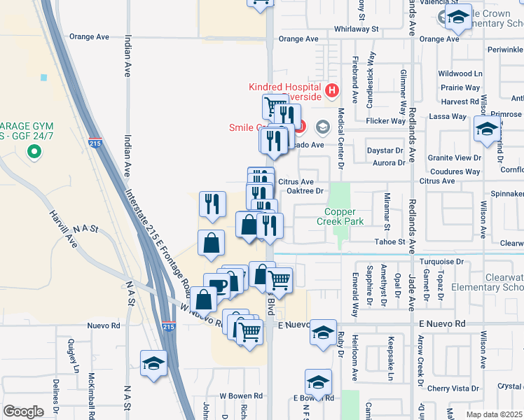 map of restaurants, bars, coffee shops, grocery stores, and more near 1860 North Perris Boulevard in Perris