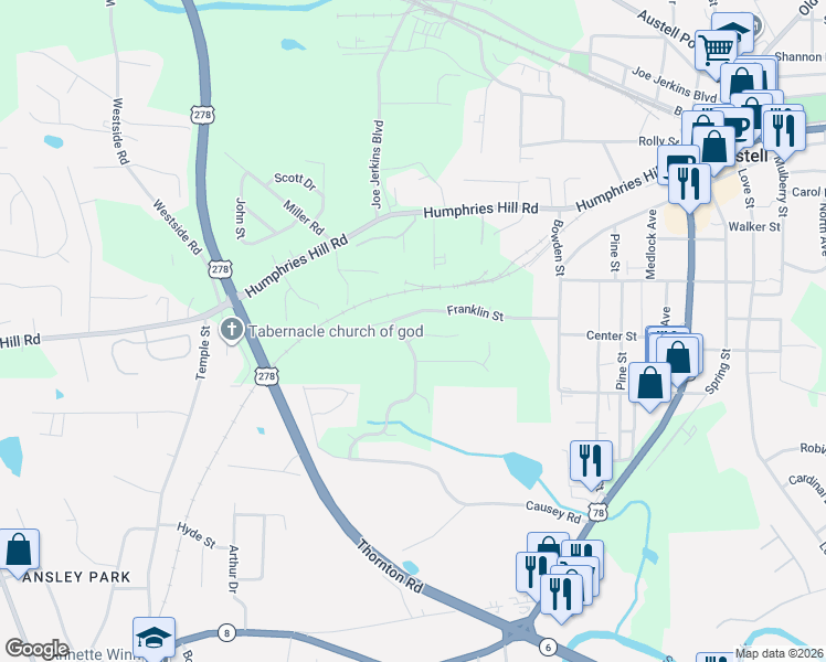 map of restaurants, bars, coffee shops, grocery stores, and more near 6040 Stonebrook Lane in Austell