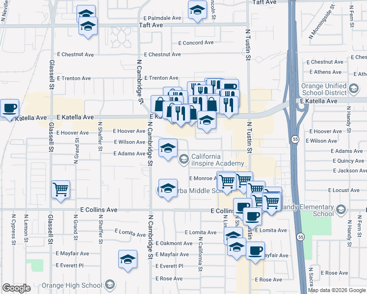 map of restaurants, bars, coffee shops, grocery stores, and more near 1127 East Adams Avenue in Orange