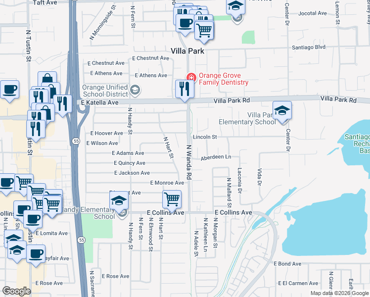 map of restaurants, bars, coffee shops, grocery stores, and more near 1152 North Wanda Road in Orange