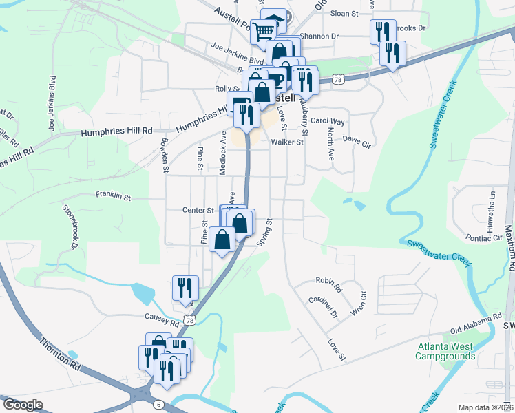 map of restaurants, bars, coffee shops, grocery stores, and more near 2924 Bankhead Highway in Austell