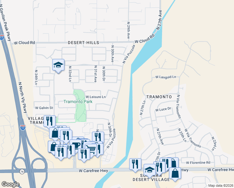 map of restaurants, bars, coffee shops, grocery stores, and more near 35514 North Vía Puzzola in Phoenix