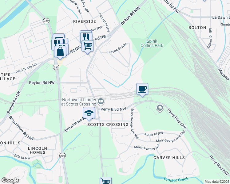 map of restaurants, bars, coffee shops, grocery stores, and more near 2 Felker Ward Street Northwest in Atlanta