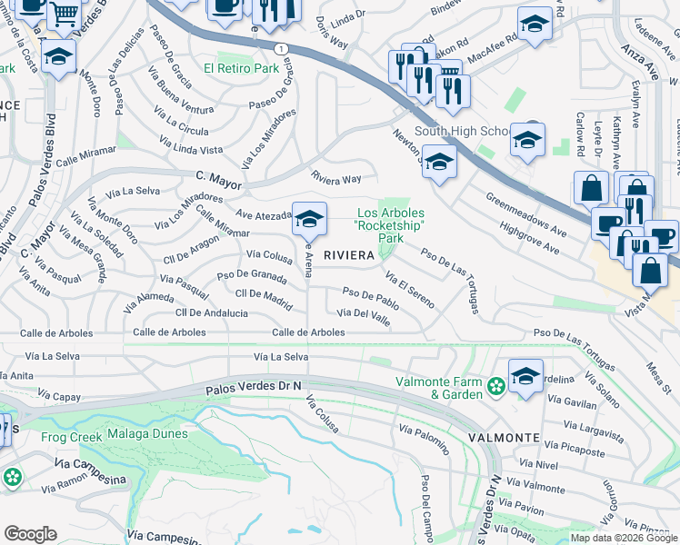 map of restaurants, bars, coffee shops, grocery stores, and more near 5506 Calle De Ricardo in Torrance
